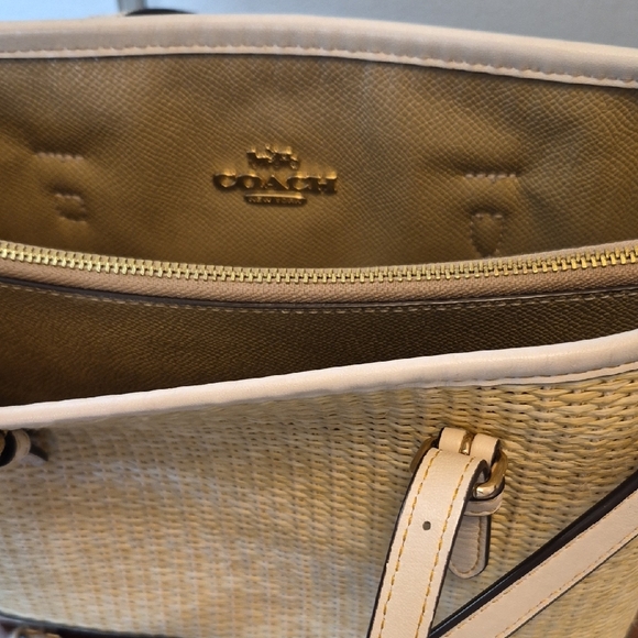 Coach Mollie Tote Straw with Beige Leather Trim and Tassel Crossbody - Picture 14 of 16